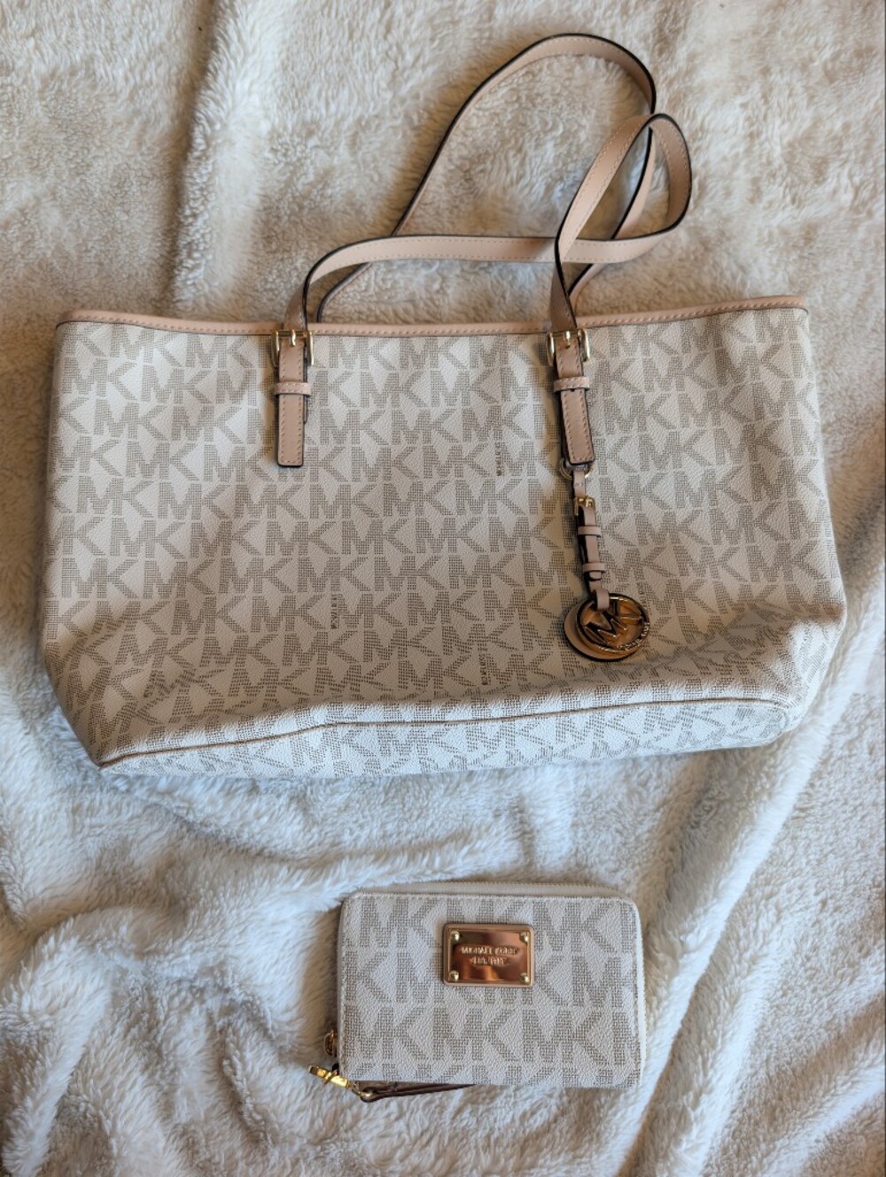 Michael Kors Cream and gold Logo Tote with Gold MK Charm & Matching Wallet
